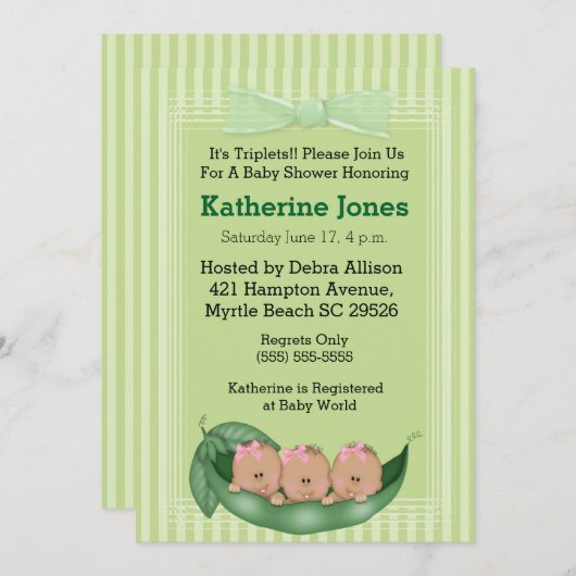 Afrikanisch-amerikanische Triplets Girl Baby Showe Einladung (Vorne/Hinten)