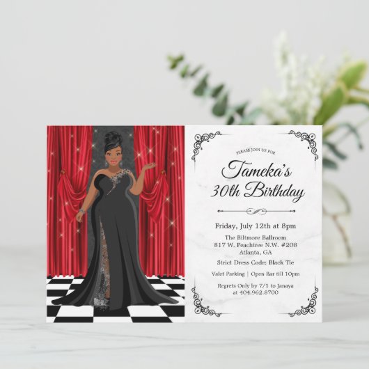 Afrikanisch-amerikanisches Elegant Gown Geburtstag Einladung (Stehend Vorderseite)