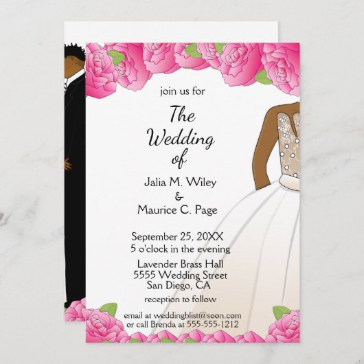 Afrikanisch-amerikanisches Weiß & Rosa Braut & Gro Einladung (Vorne/Hinten)