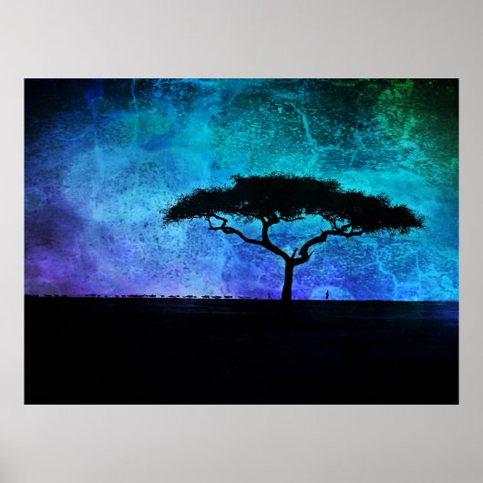 Afrikanische Akazienbaumlandschaft in Blau und Lil Poster (Vorne)