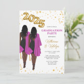 Afrikanische American Twin Sisters Graduation Part Einladung (Stehend Vorderseite)
