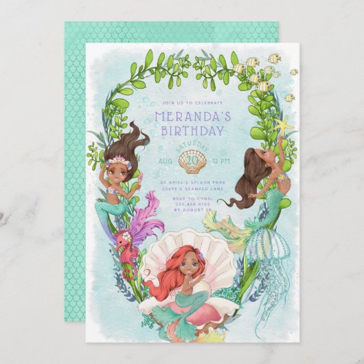 Afrikanische Amerikanerin Mermaid Birthday Einladung (Vorne/Hinten)