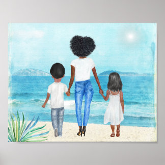 Afrikanische Amerikanerin mit Kinderstrand Poster