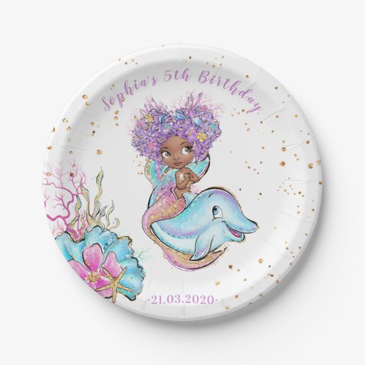 Afrikanische Amerikanische Mermaid Birthday Party Pappteller (Vorderseite)