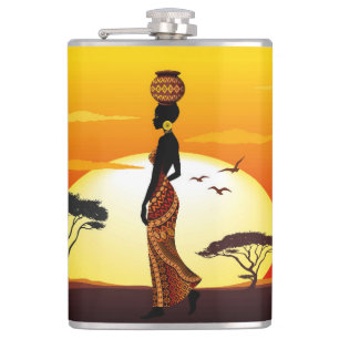 Afrikanische Beautiful Woman Silhouette über afrik Flachmann