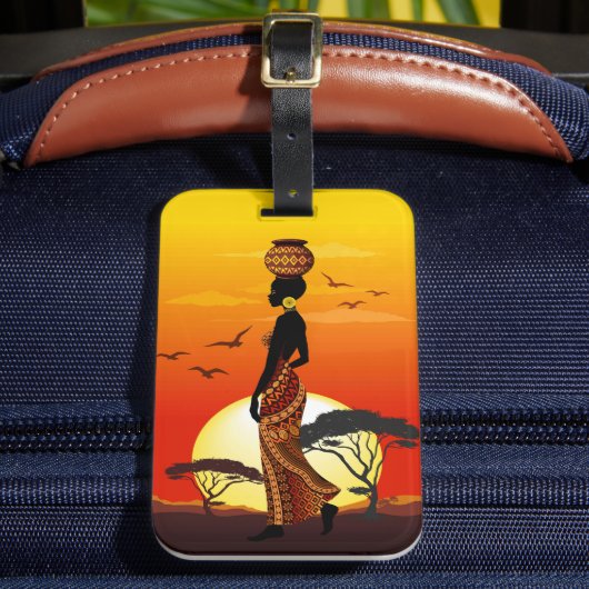 Afrikanische Beautiful Woman Silhouette über afrik Gepäckanhänger (Vorderseite Insitu 2)