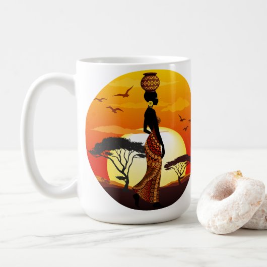 Afrikanische Beautiful Woman Silhouette über afrik Kaffeetasse (Mit Donut)