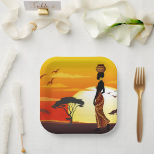 Afrikanische Beautiful Woman Silhouette über afrik Pappteller
