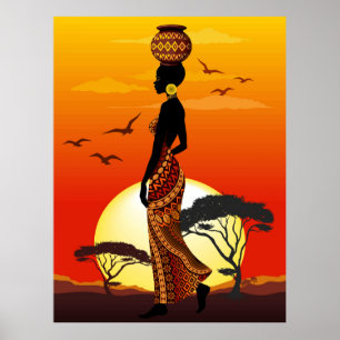 Afrikanische Beautiful Woman Silhouette über afrik Poster