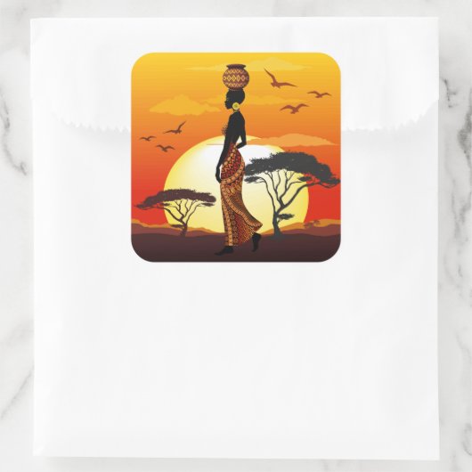 Afrikanische Beautiful Woman Silhouette über afrik Quadratischer Aufkleber (Tasche)