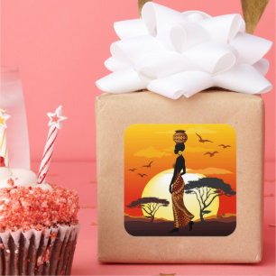 Afrikanische Beautiful Woman Silhouette über afrik Quadratischer Aufkleber