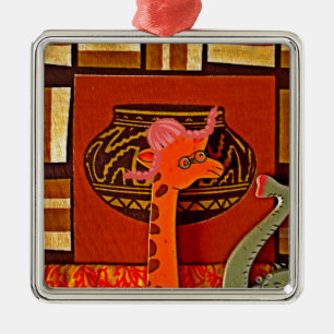 Afrikanische Giraffe Traditioneller Kunstdruck W Ornament Aus Metall