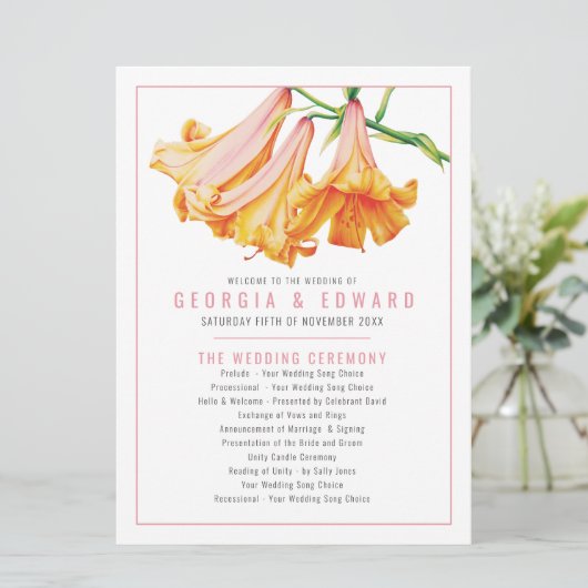 Afrikanische Königin Lily-Orange-Hochzeit Programm (Stehend Vorderseite)