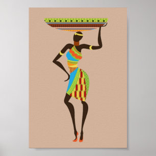 Afrikanische Kunst-Stammesfrau mit Korb Poster