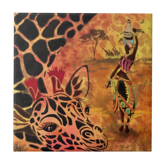 Afrikanische Mädchen und Giraffe Keramik Tile Fliese (Vorderseite)