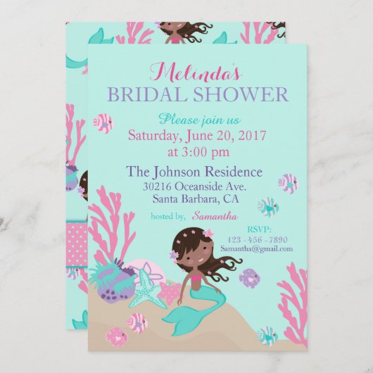 Afrikanische Meerjungfrau im Brautparty Einladung (Vorne/Hinten)