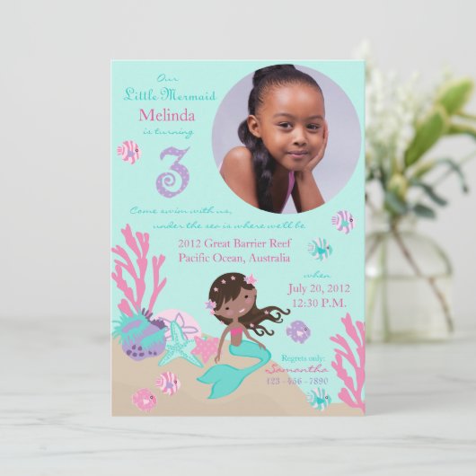 Afrikanische Mermaid Dritter Geburtstag Einladung (Stehend Vorderseite)
