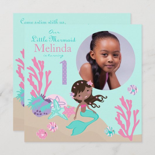 Afrikanische Mermaid Erstgeburtstag Einladung (Vorne/Hinten)