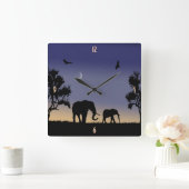 Afrikanische Morgendämmerung - Elefanten Quadratische Wanduhr (Zuhause)