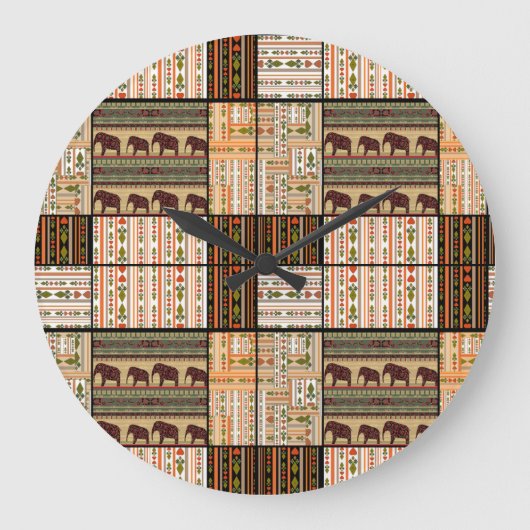 Afrikanische Patchwork-Elefanten: Ziertextur Große Wanduhr (Vorderseite)