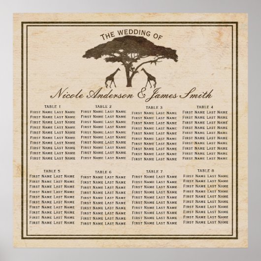 Afrikanische Safari Giraffen & Bäume Hochzeitssitz Poster (Vorne)