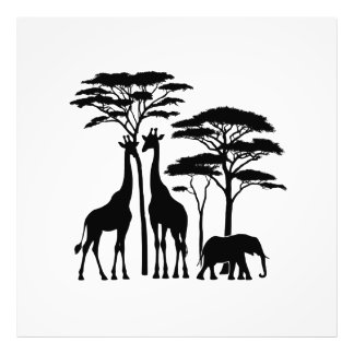 Afrikanische Safari-Silhouette - Giraffen, Elefant Fotodruck
