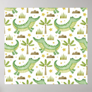 Afrikanische Safari: Wasserfarben-Krokodil & Palme Poster