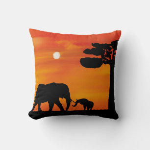 Afrikanische Sonnenuntergangs-Elefanten-Silhouette Kissen