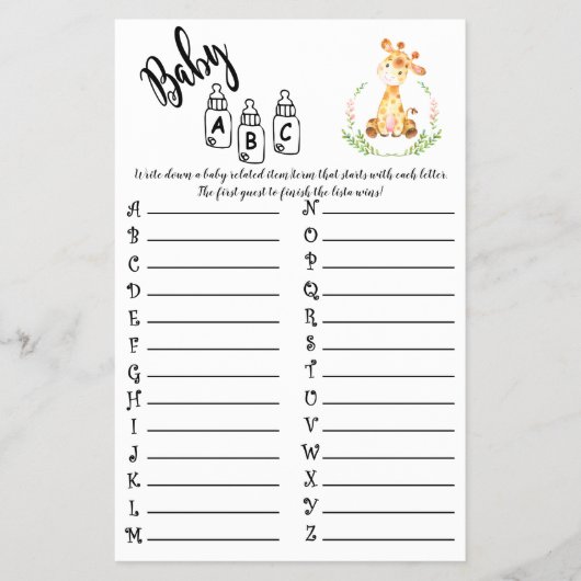 AFRIKANISCHE TIERE ABC BABY SHOWER GAME CARD FLYER (Vorne)