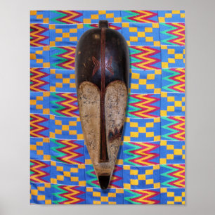 Afrikanische Tribal Maske Blue Yellow Kente Tuch Poster