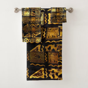 Afrikanische Tribal-Mud-Tuch Grafik in Gold Badhandtuch Set
