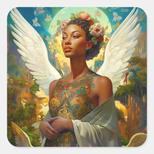 Afrikanischer Amerikaner Angel Goddess Fantasy Art Quadratischer Aufkleber (Vorderseite)