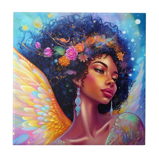 Afrikanischer Amerikaner Angel Lady Fantasy Art Fliese (Vorderseite)
