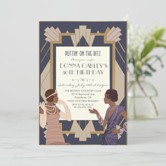 Afrikanischer Amerikaner Gatsby Art Deco Geburtsta Einladung (Stehend Vorderseite)