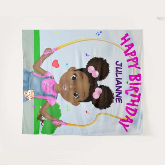 Afrikanischer Amerikaner Jumping Rope Happy Birthd Wandteppich (Vorderseite (Horizontal))