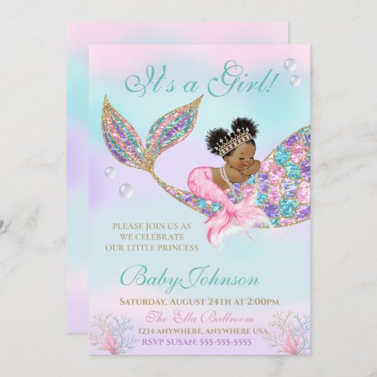 Afrikanischer Amerikaner Mermaid Baby SHower Glitz Einladung (Vorne/Hinten)