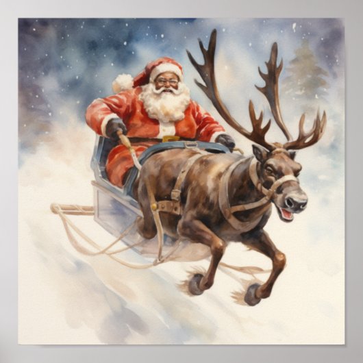 Afrikanischer Amerikaner Santa Reindeer Flying Sle Poster (Vorne)
