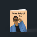Afrikanischer amerikanischer Handsome & Gifts Son  Karte<br><div class="desc">Diese coole Geburtstagskarte zeigt einen afroamerikanischen Mann mit einem blauen Anzug und einem schwarzen Shirt.  Schicken Sie Ihrem Sohn eine Karte,  die zuverlässig ist und Ihre Nachricht so ausdrückt,  wie Sie es sich vorgestellt haben.</div>
