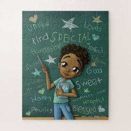 Afrikanischer amerikanischer Junge mit Affirmation Puzzle