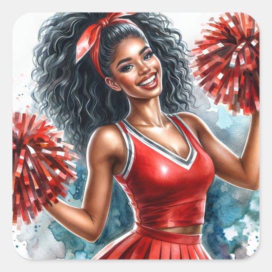 Afrikanischer Cheerleader in Red Watercolor Quadratischer Aufkleber (Vorderseite)