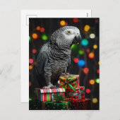 Afrikanischer Grauer auf Geschenken — Weihnachtsgr Feiertagspostkarte (Vorne/Hinten)