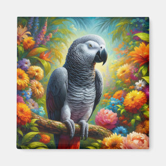 Afrikanischer Graupapagei mit bunten Blume Magnet