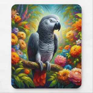 Afrikanischer Graupapagei mit bunten Blume Mousepad