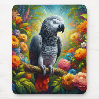 Afrikanischer Graupapagei mit bunten Blume Mousepad
