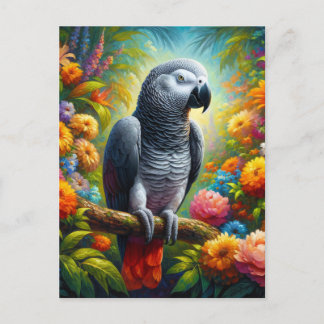 Afrikanischer Graupapagei mit bunten Blume Postkarte
