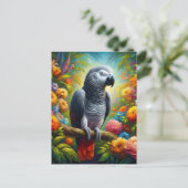 Afrikanischer Graupapagei mit bunten Blume Postkarte (Stehend Vorderseite)