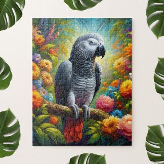 Afrikanischer Graupapagei mit bunten Blume Puzzle