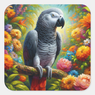 Afrikanischer Graupapagei mit bunten Blume Quadratischer Aufkleber