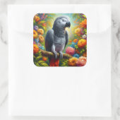 Afrikanischer Graupapagei mit bunten Blume Quadratischer Aufkleber (Tasche)