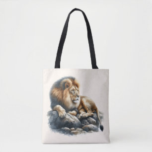 Afrikanischer Löwe ruht auf einem Felsen - Aquarel Tasche